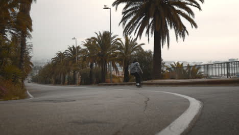 carefree young man skates downhill in road, scenic view, low angle, gimbal