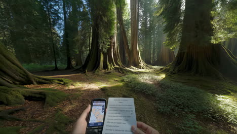 a first-person view of forest exploration with gps and written clues