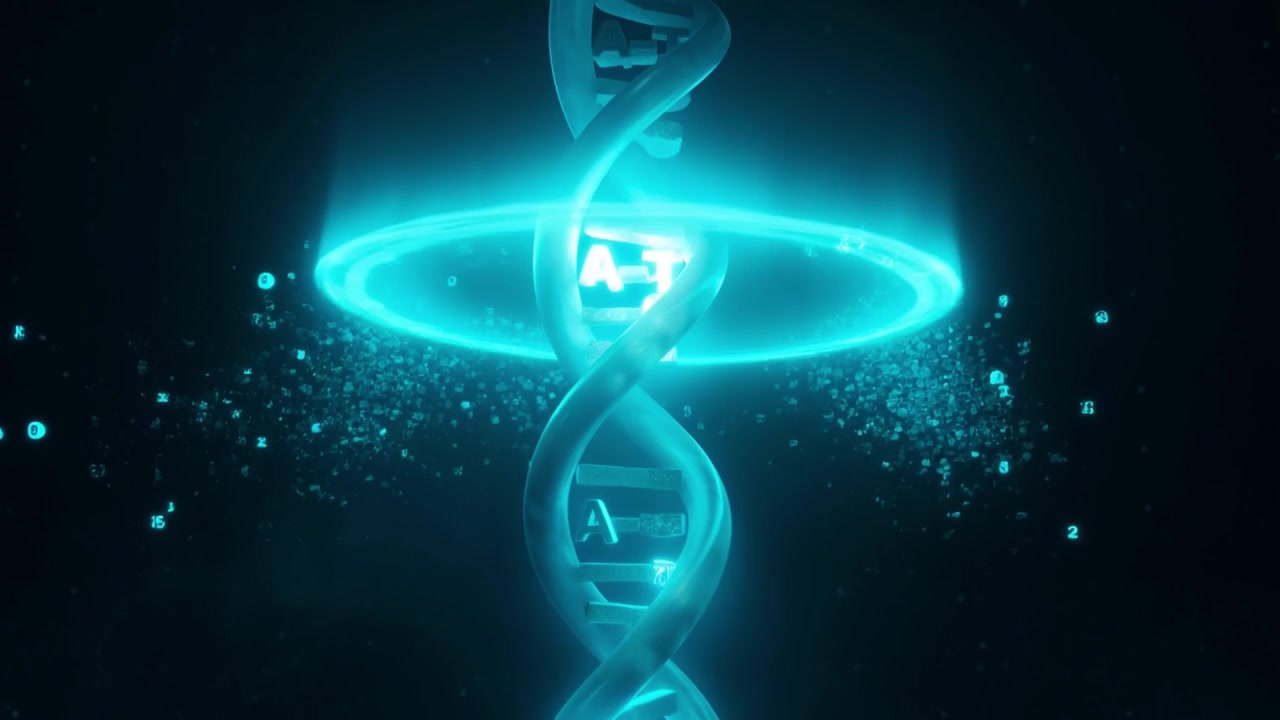 Glowing DNA Double Helix with Genetic Code and Digital Data Flow