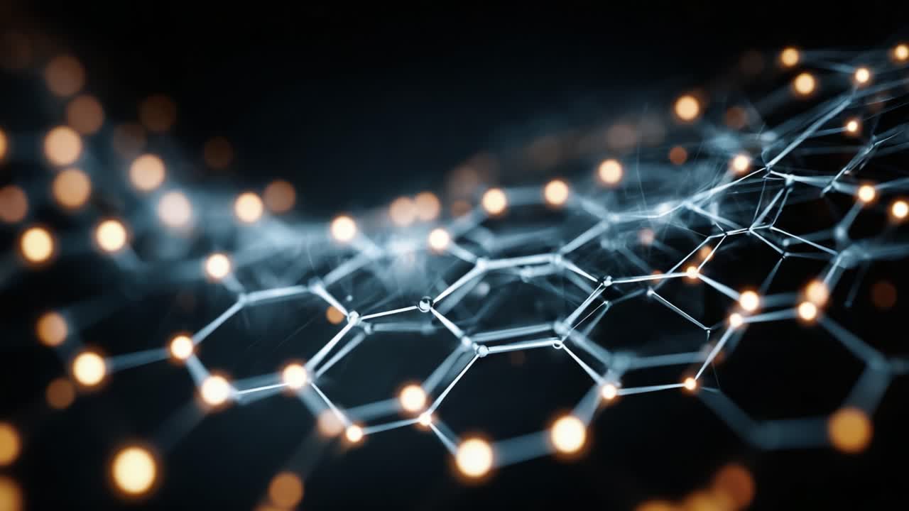 A Captivating View of a Hexagonal Chain Structure with Illuminated Nodes, Showcasing the Depth and Complexity of Molecular Designs in a Dark Background