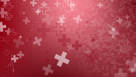Animation of medical crosses on red abstract background with grid. Scientific chart health care. Looped motion graphics.