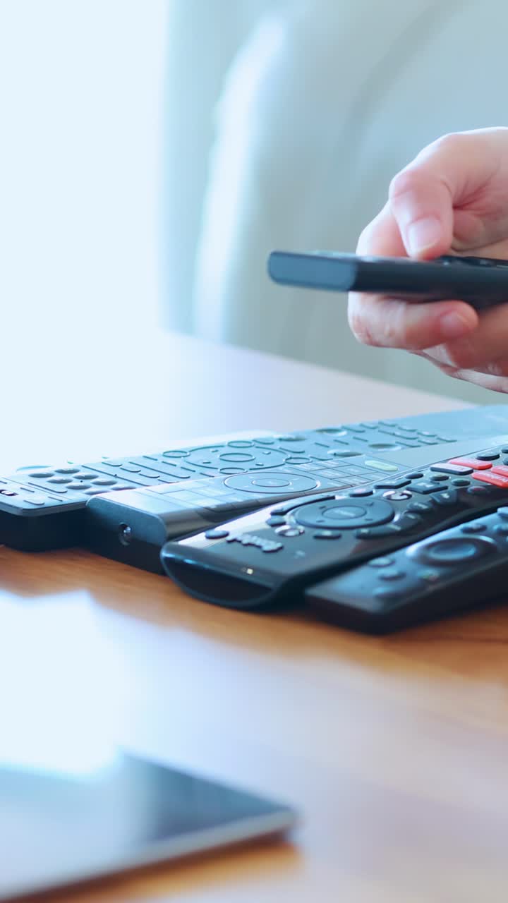La mano di una persona appoggia un telecomando accanto ad altri telecomandi e una tastiera wireless su un tavolo di legno illuminato dal sole, con illuminazione naturale soffusa e profondità di campo ridotta