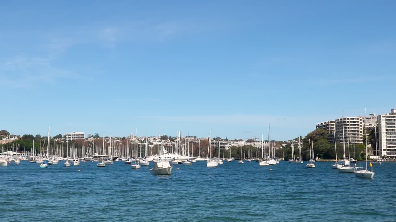 Boats gently bob in the water in a harbour in Sydney, Australia