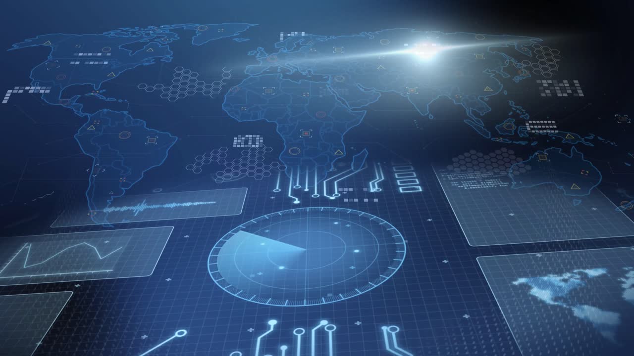 Animation of computing data processing over world map and circuit board