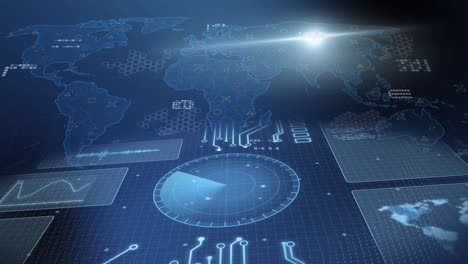 animation of computing data processing over world map and circuit board