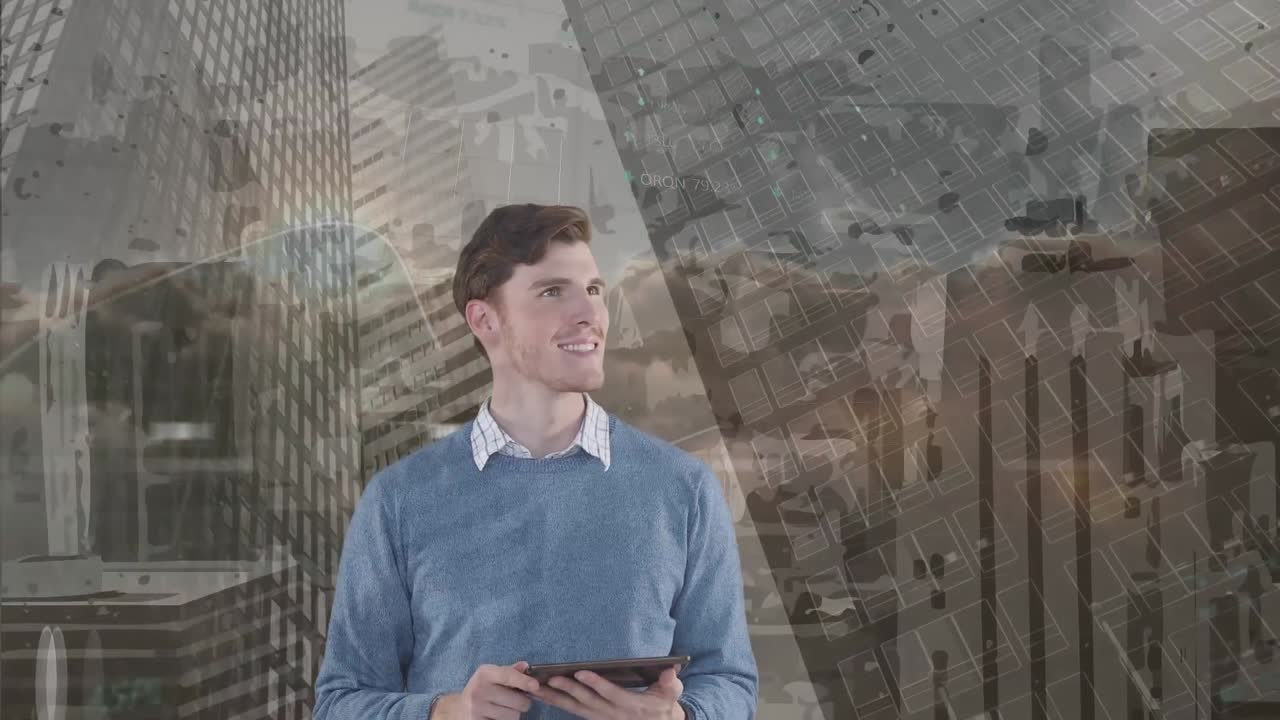 animación de un hombre de negocios caucásico usando una tableta sobre edificios modernos