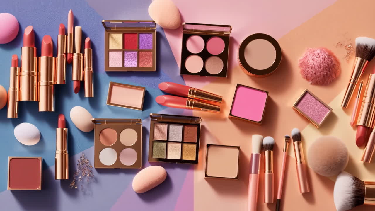 A vibrant flat lay of various makeup and beauty products
