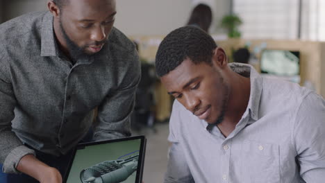 african-american-business-people-brainstorming-engineers-designing-prototype-engine-turbine-using-tablet-computer-3d-technology-creative-team-collaborating-teamwork-sharing-ideas-in-office-meeting