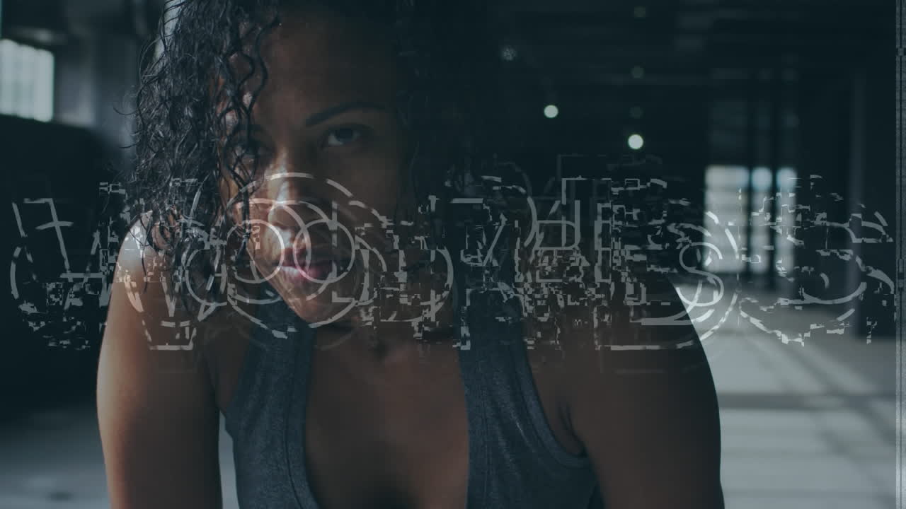 Animation of good vibes text over african american sportswoman at gym