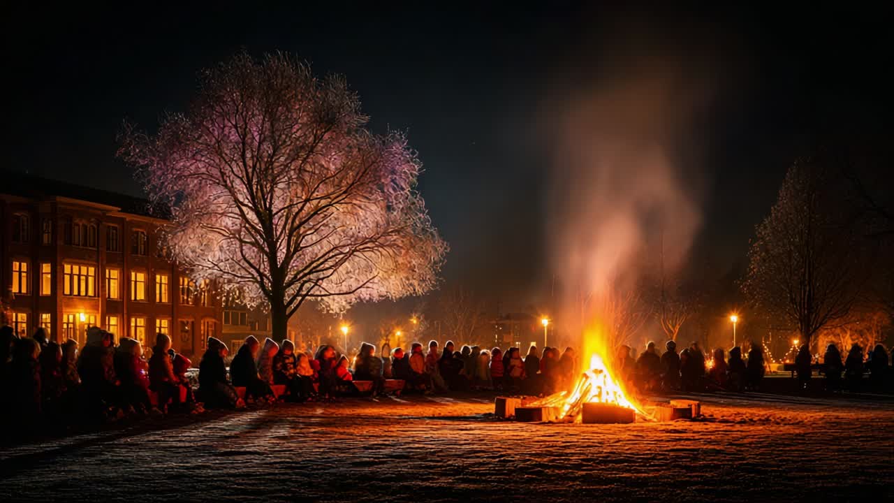 A mesmerizing night scene depicting a large gathering of people around a roaring bonfire, surrounded by a chilly atmosphere, glowing trees, and warm flickering flames that create a sense of community and warmth