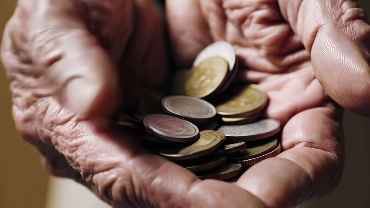 Close up of wrinkled hands gently holding a small amount of coins, symbolizing financial struggles, economic hardship, and the challenges faced by vulnerable populations