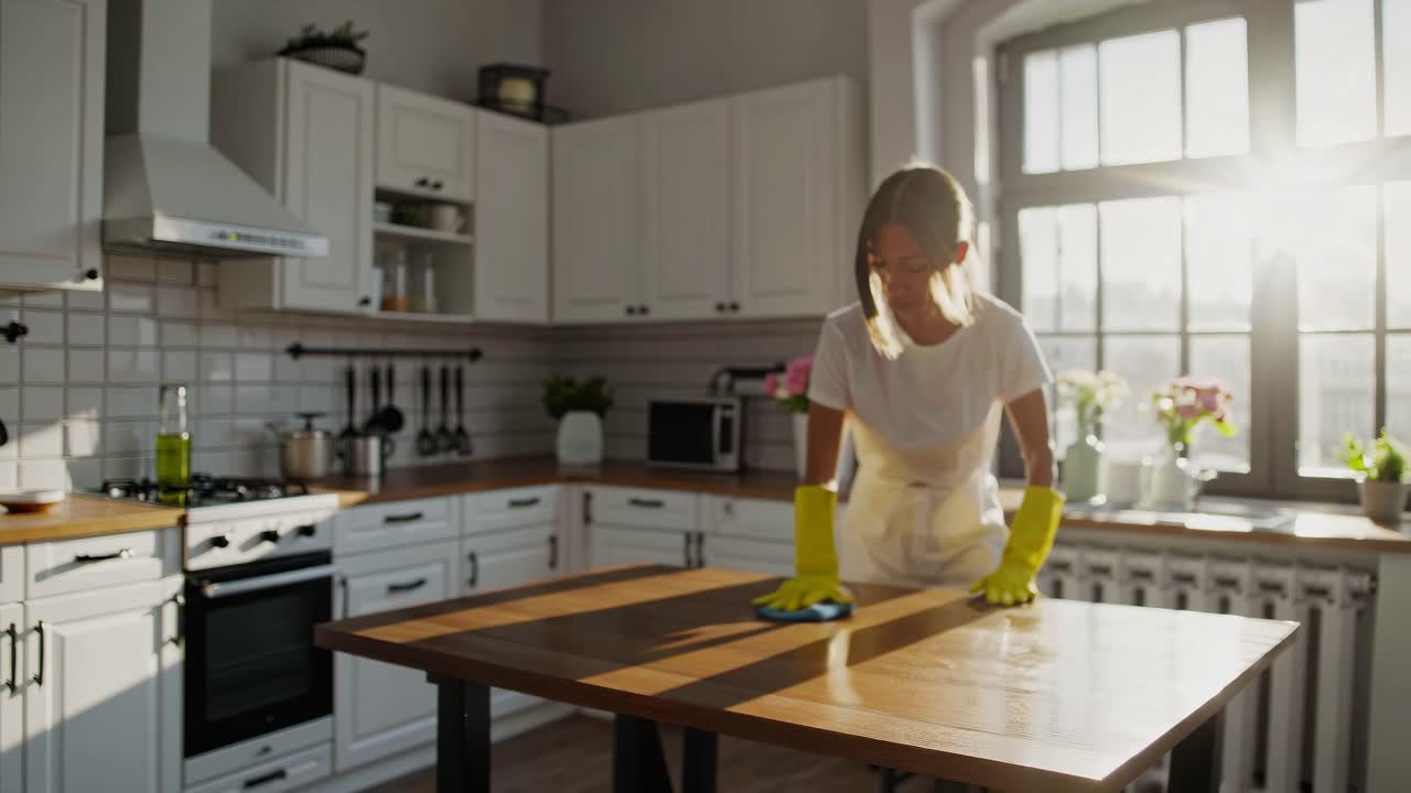 Woman cleaning a kitchen table