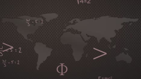 animación de símbolos matemáticos sobre el mapa del mundo sobre un fondo gris