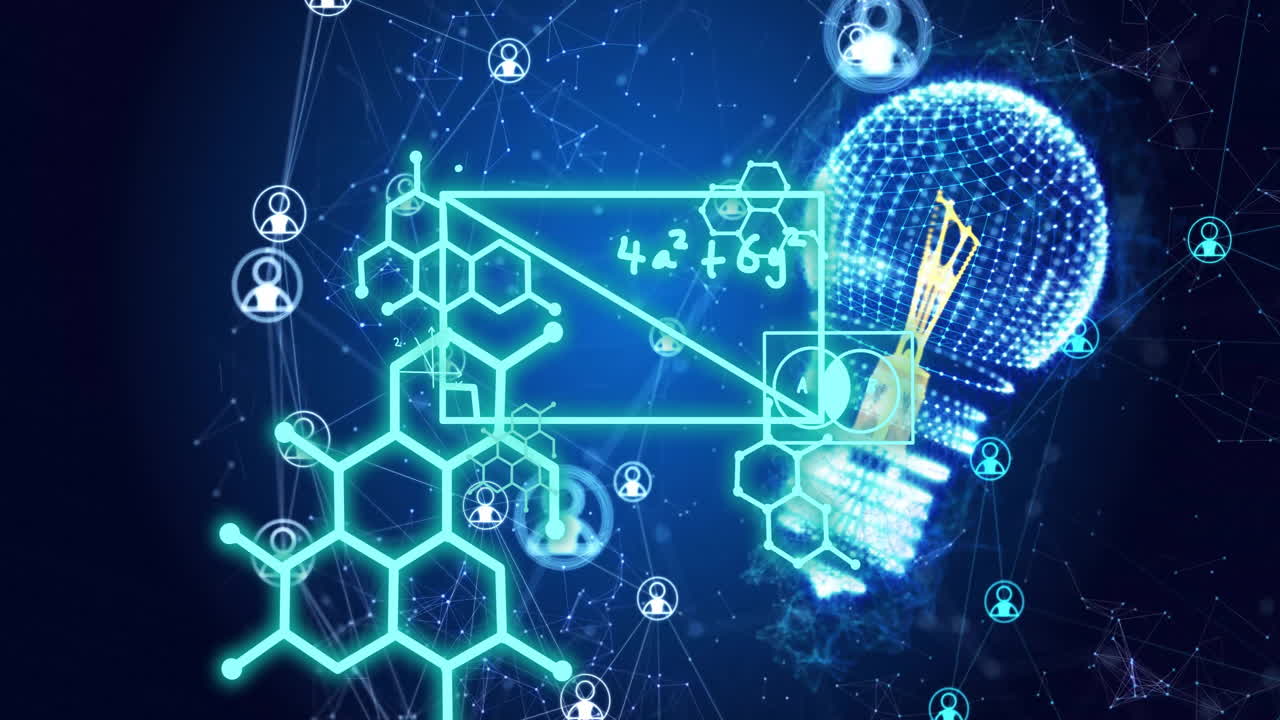 animación del procesamiento de datos digitales con conexiones a través de una bombilla