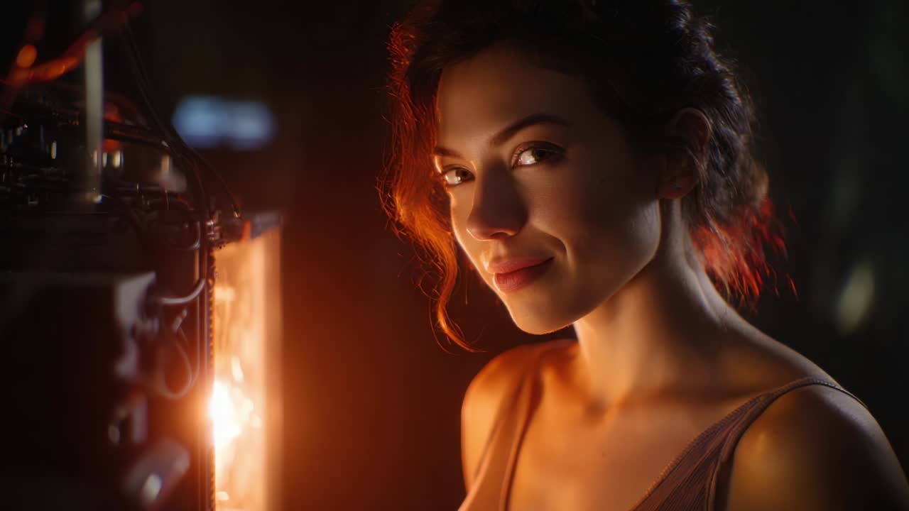 Captivating Glimpse: A Portrait of Enchantment as a Young Woman Illuminates the Darkness, Her Radiant Expression Showcasing Depth and Intrigue Against a Backdrop of Warm Lighting