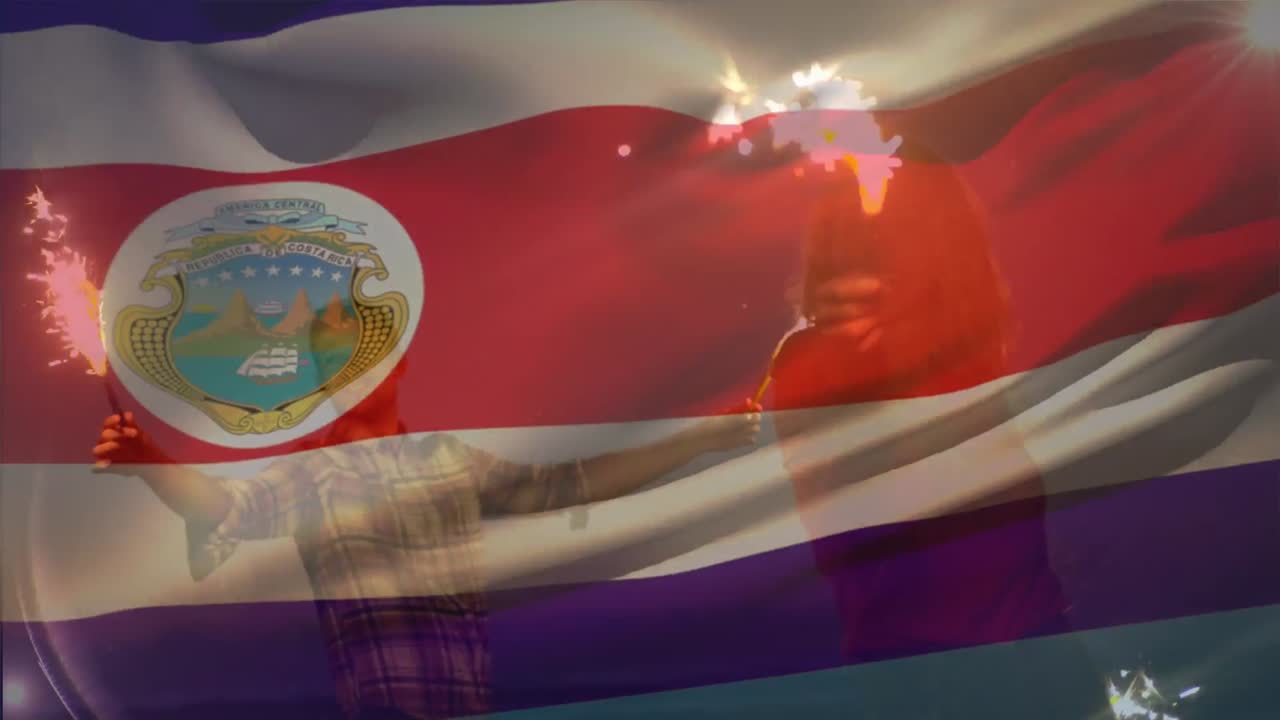 해변에 있는 친구 그룹 위에 코스타리카  ⁇ 발을 흔들고 있는 애니메이션