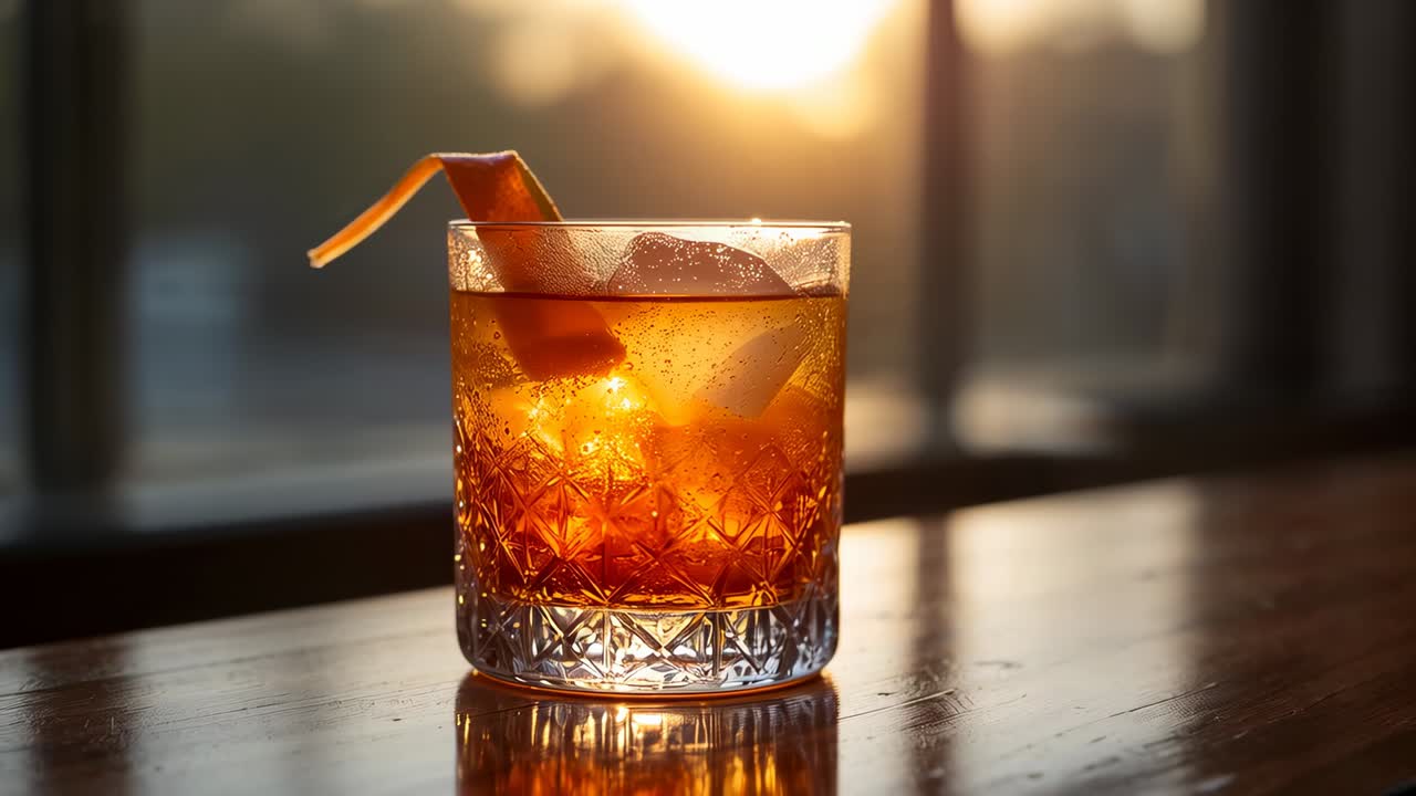 Being warmed by low-sun, cut-crystal rocks glass melting large clear ice on wooden bar, orange peel