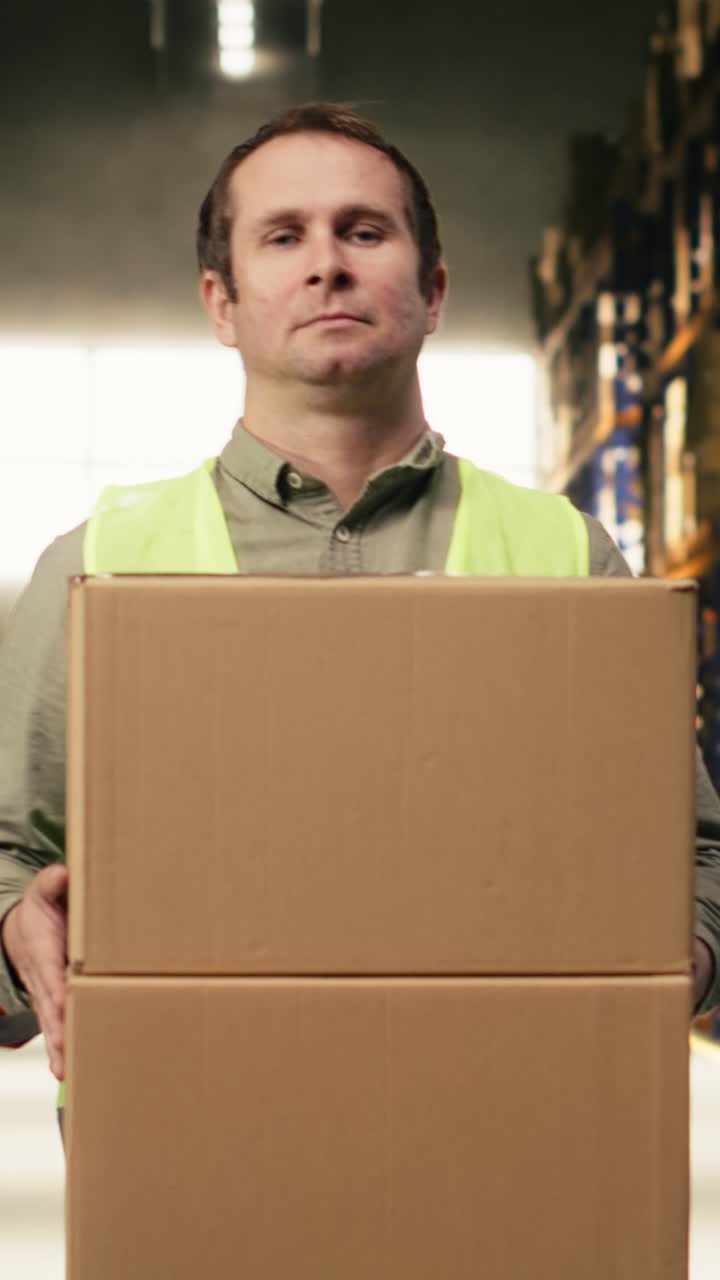 Vertical Video Industrial Man Employee Managing Cardboard Boxes For Logistics In Facility
