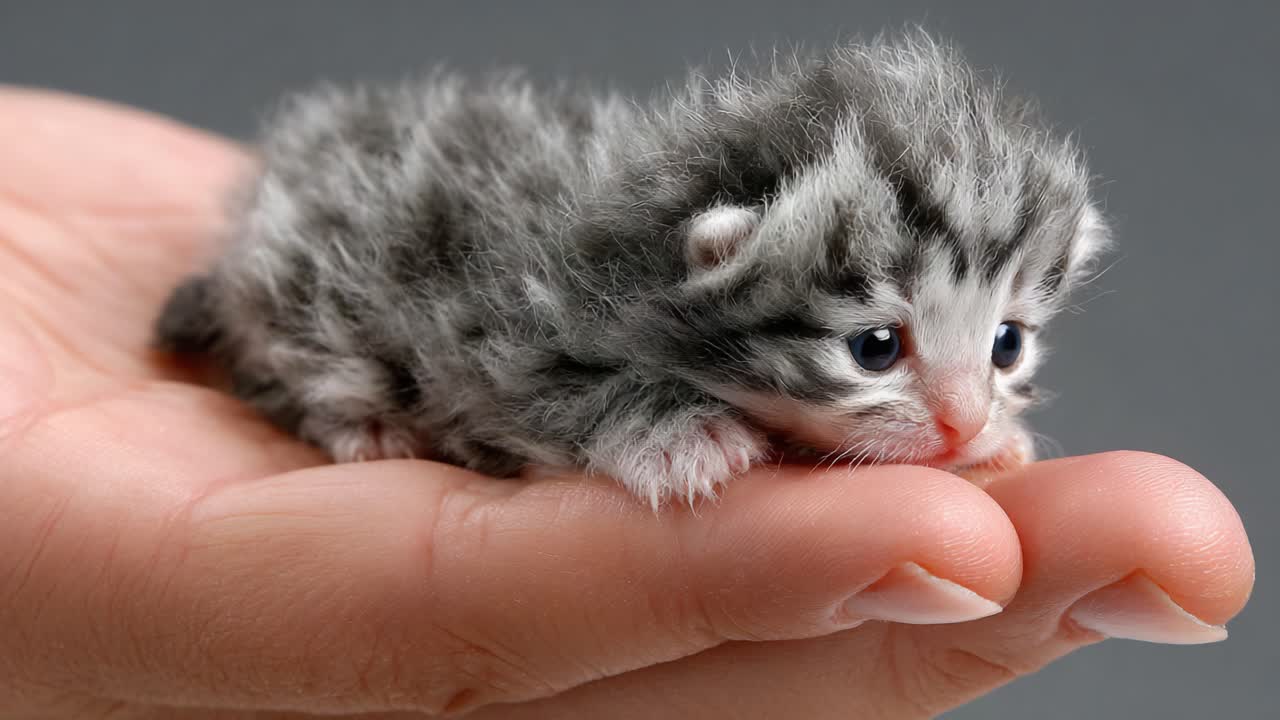 A Small Grey Kitten Gently Resting in a Hand, Displaying Its Soft Fur and Big Eyes, Capturing the Essence of Cuteness and Tender Care in Every Frame