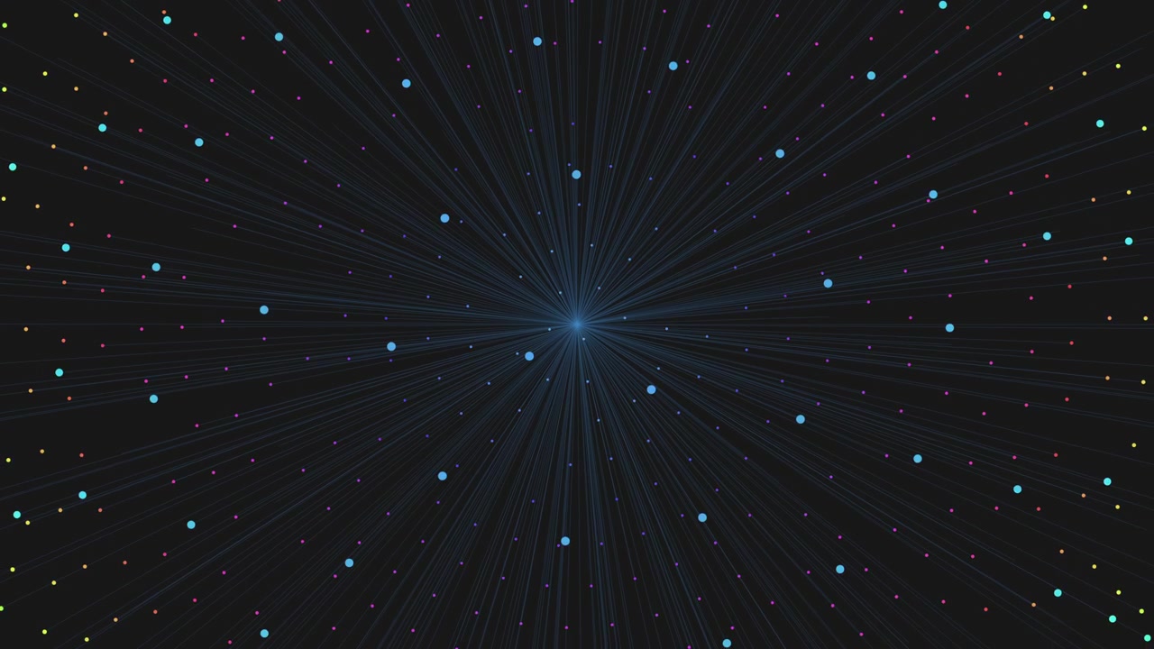 Neon futuristic dots and rays from shiny sphere on dark space