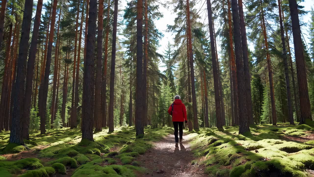 Person Hiking Through a Sunny Pine Forest