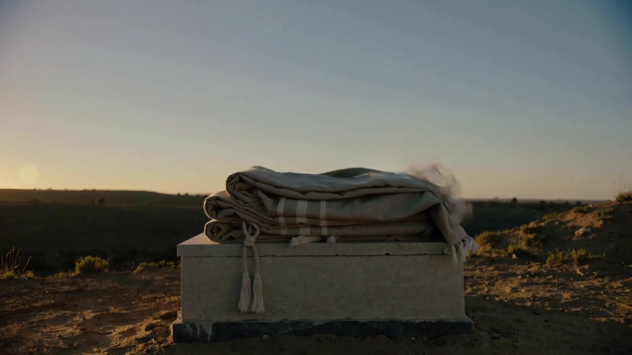 Folded Linen Blanket Blowing in the Wind at Sunset