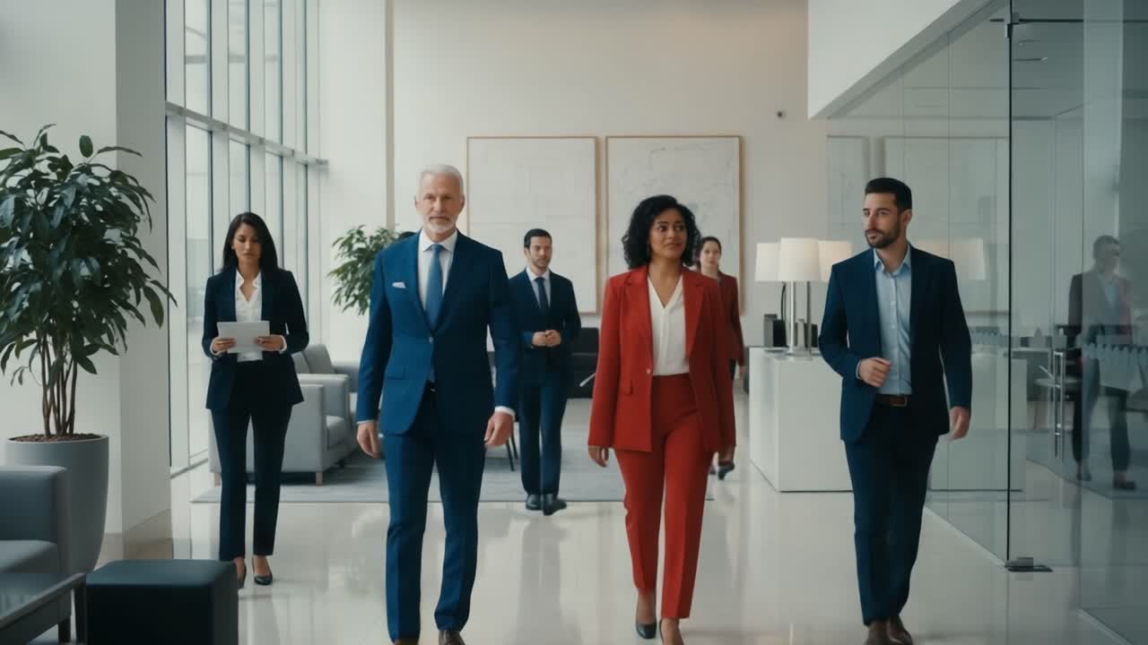 A Diverse Group of Professionals Walking Together in a Modern Office Environment, Showcasing Teamwork, Leadership, and Corporate Culture