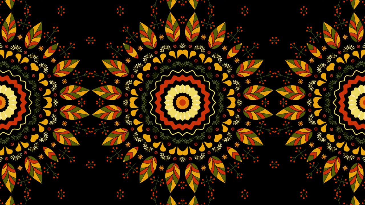 Frattale mandala caleidoscopico floreale su sfondo nero. Loop