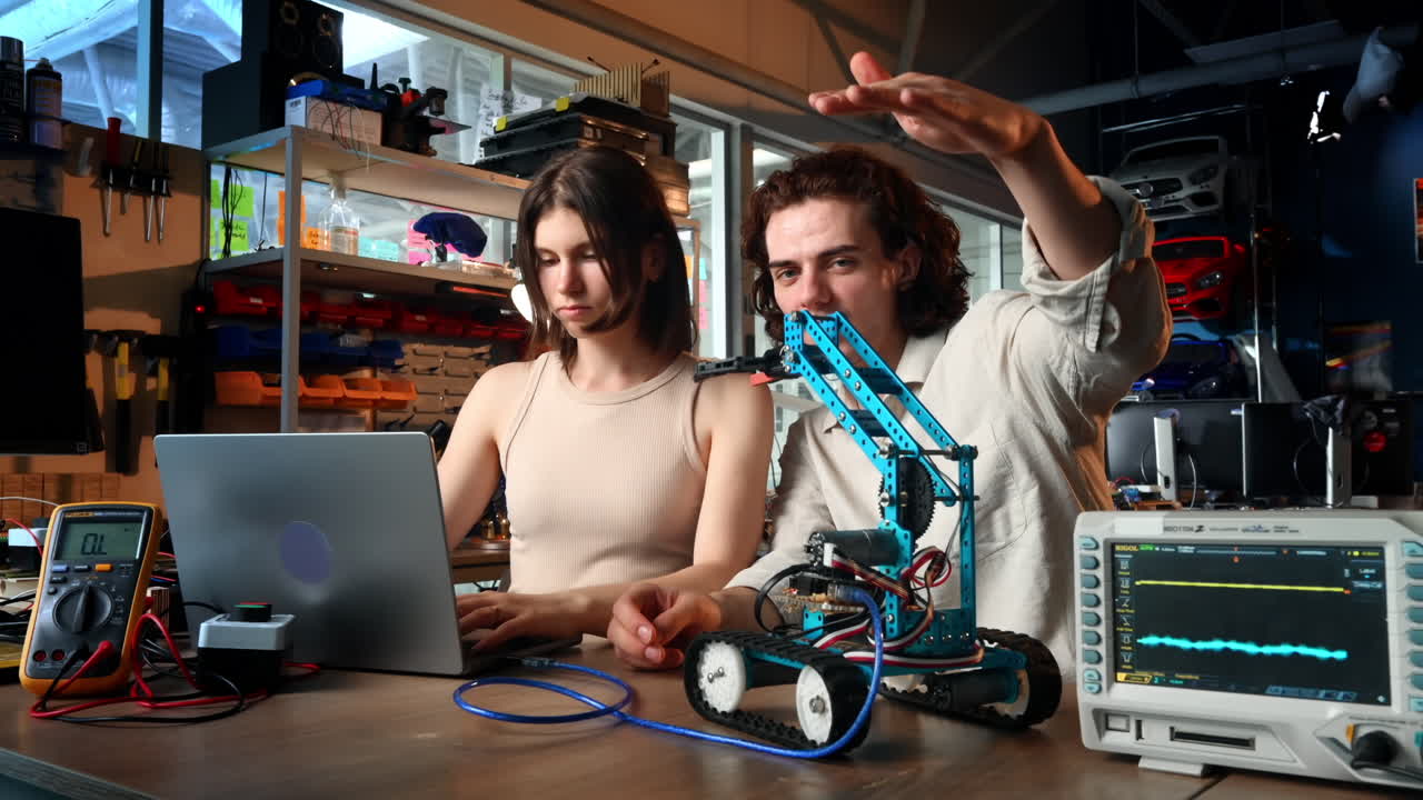 Young man and woman doing experiments in robotics in a laboratory using a computer. Robot and tools on the table. Slow motion
