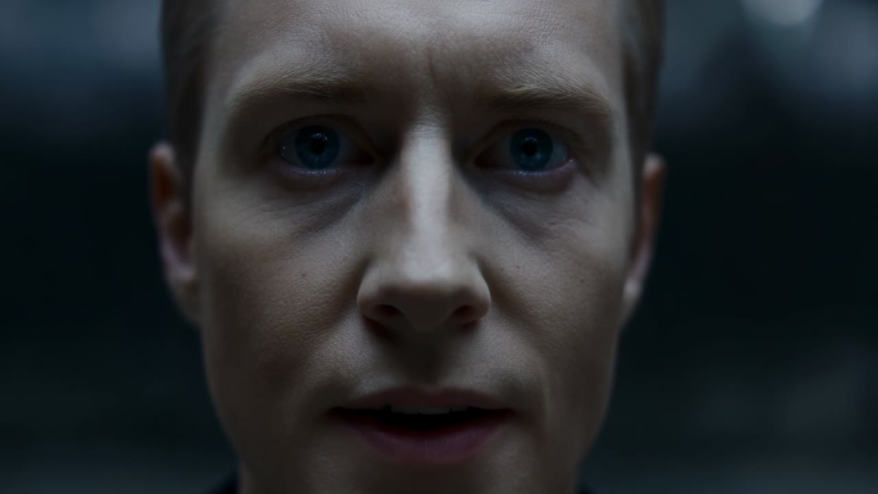 Pushing camera capturing man in dark clothing revealing tension while zooming in dim room, bokeh