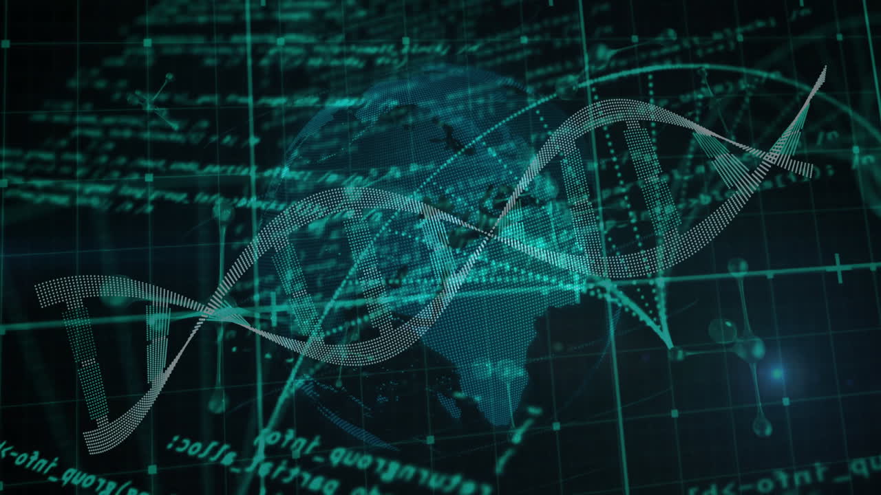 Animation of scientific data processing over dna strands on dark background
