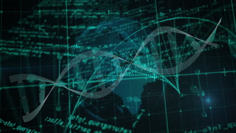 animación del procesamiento de datos científicos sobre cadenas de adn en un fondo oscuro