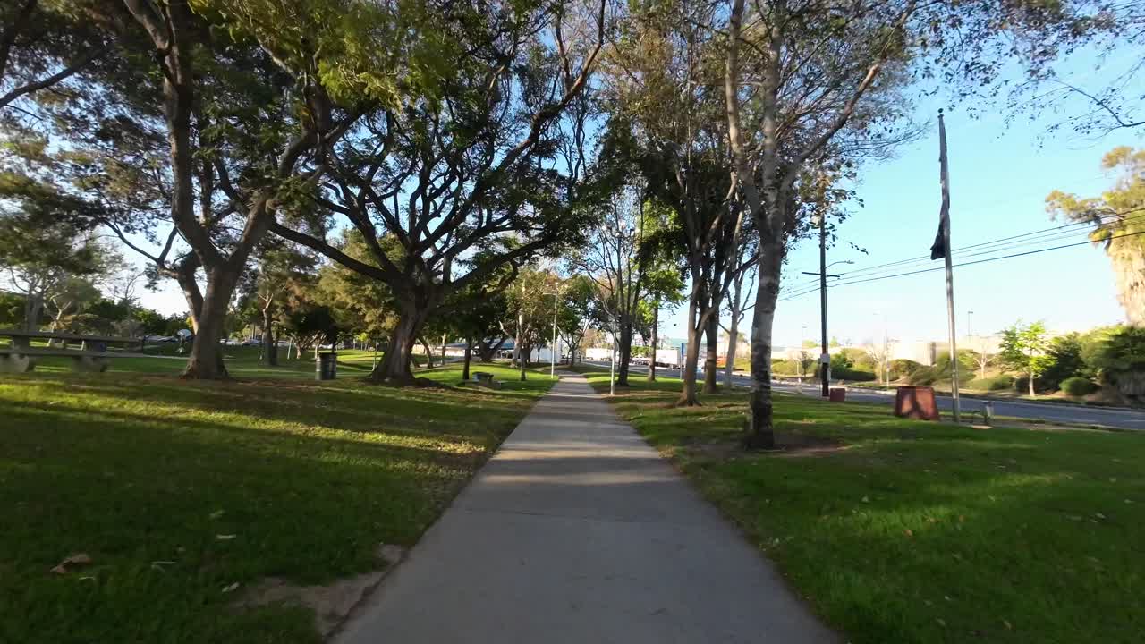 Volando un dron en primera persona bajo las ramas y entre los árboles en un parque de la ciudad