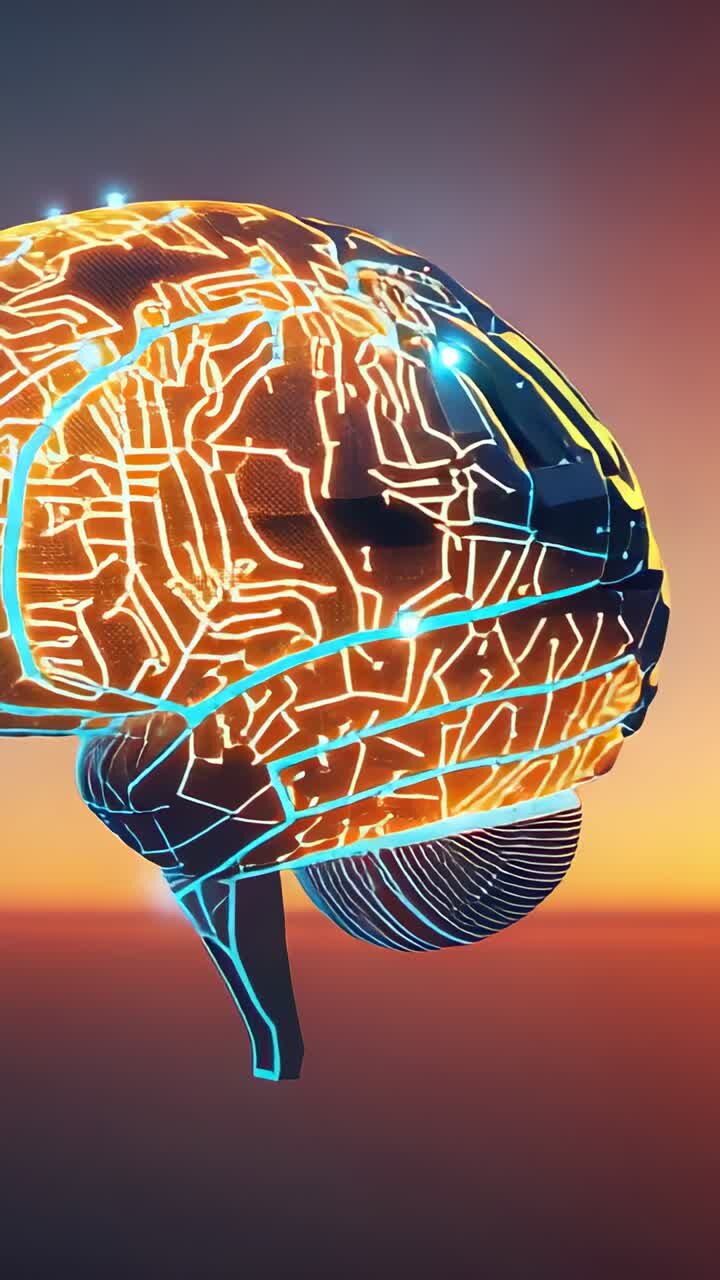 Video verticale: la telecamera inizia a orbitare attorno a un cervello in 3D che mostra circuiti luminosi sullo sfondo di un cielo al crepuscolo