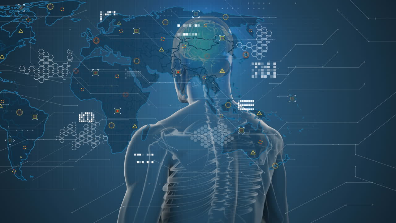 世界地図のアニメーションは青い背景のヒューマンモデルの上に描かれています