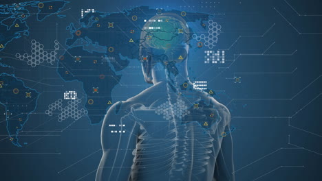 animación de un mapa del mundo sobre un modelo humano en fondo azul