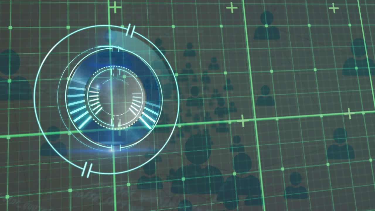 animación del alcance de cscan sobre iconos y cuadrícula verde