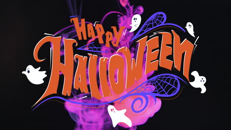 animation of happy halloween text and ghosts over pink and black background