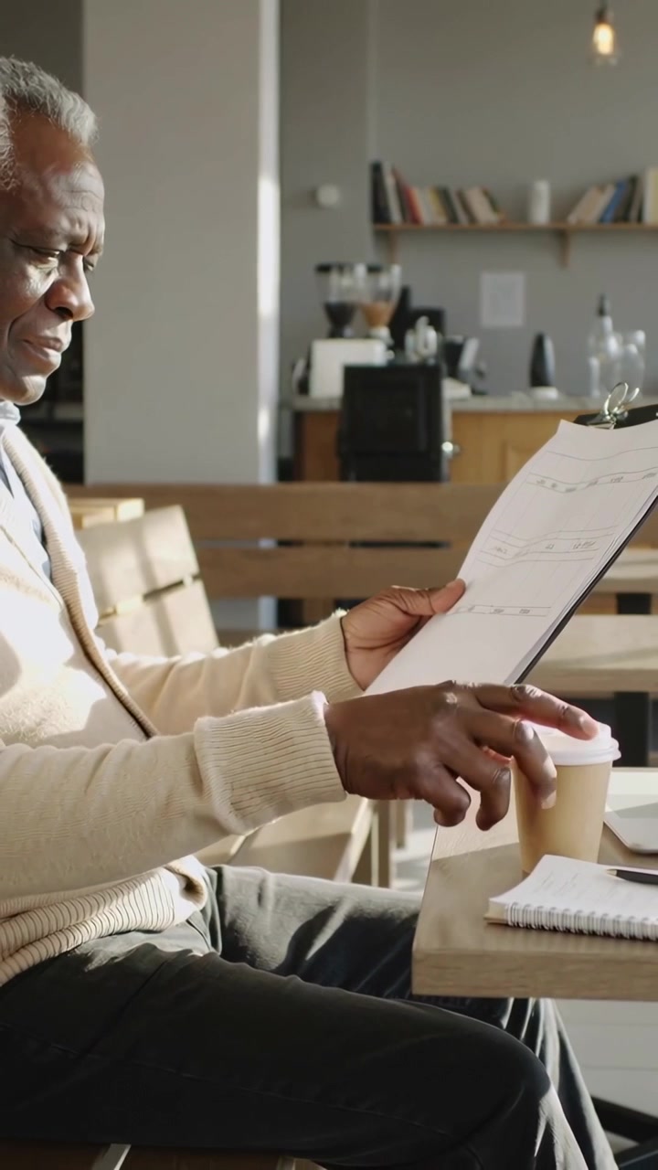 Vertical video: Tracing senior man reading clipboard at cafe in sweater, lifting coffee, copy space