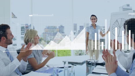 animation of financial data processing over diverse business people in office
