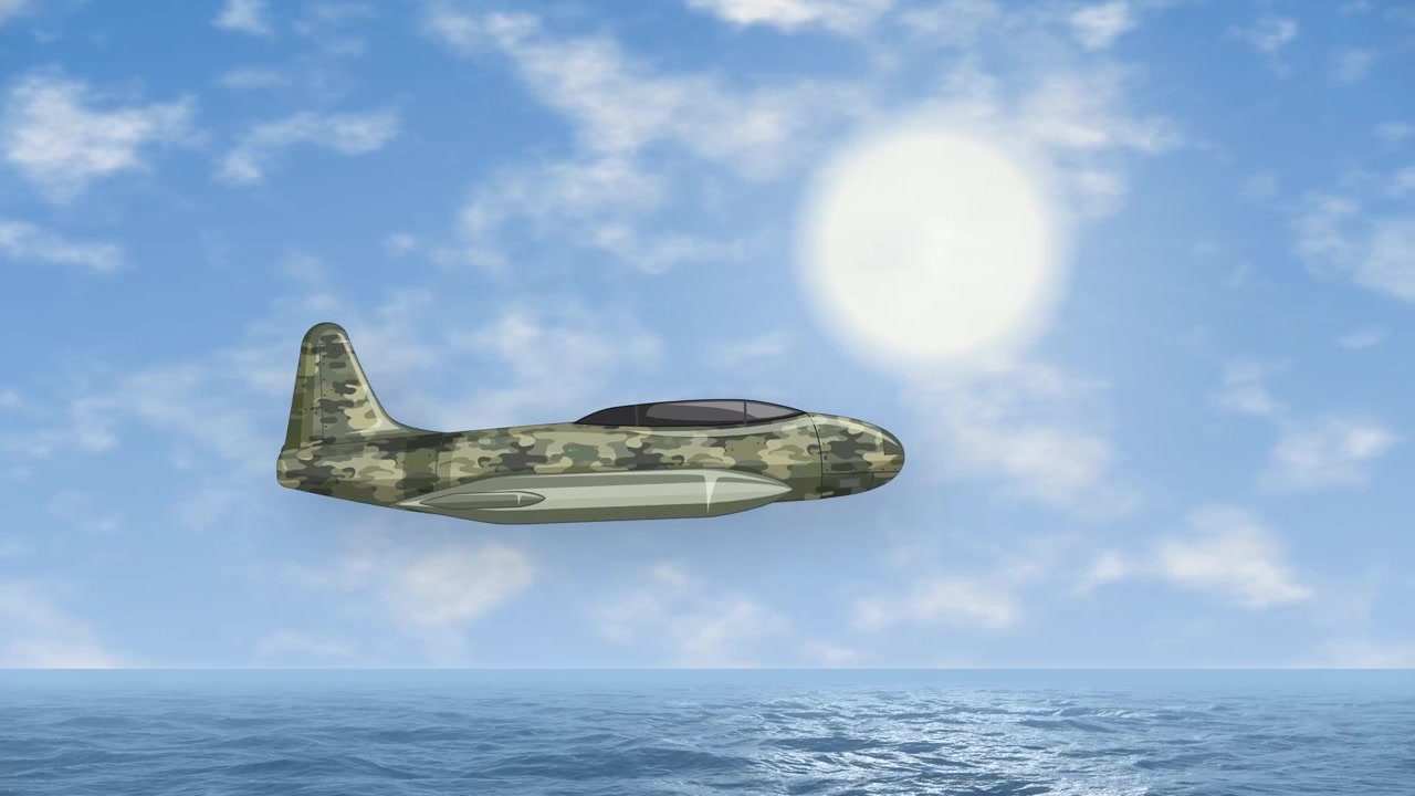 Et kamuflasjefarget militærfly flyr over en blå himmel over havet i sterkt sollys