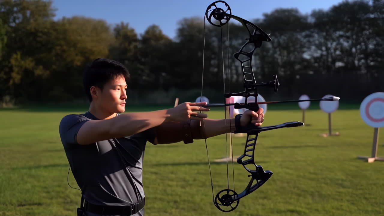 An archer aiming a compound bow at targets during an outdoor archery session