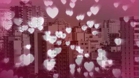 tall buildings filled with hearts