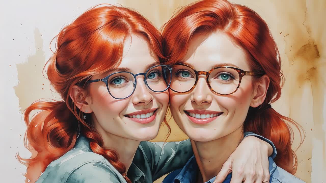 Standing close, sisters embracing against watercolor wall in studio wearing shirts and eyeglasses