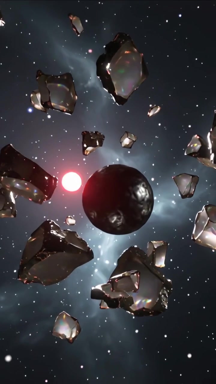 Video verticale: La telecamera rotante rivela frammenti che orbitano attorno a una sfera scura nello spazio, mostrando un bagliore rosso.