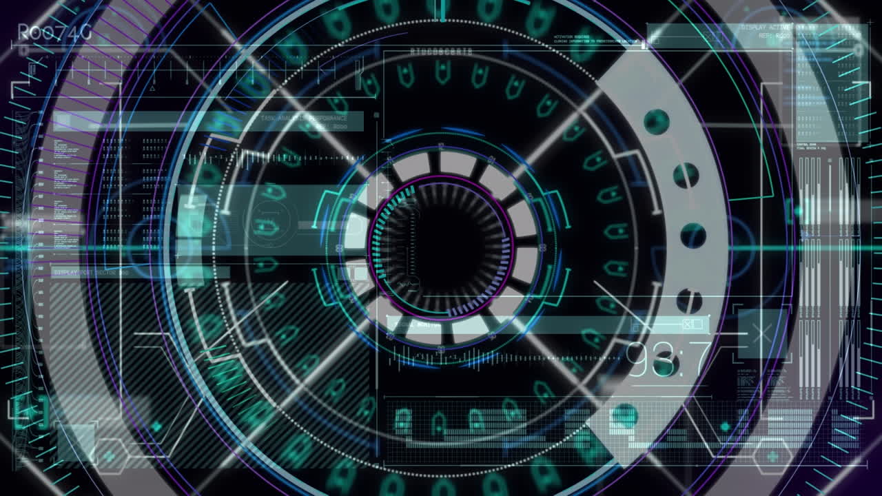 Animation of data processing over scan scope on dark background