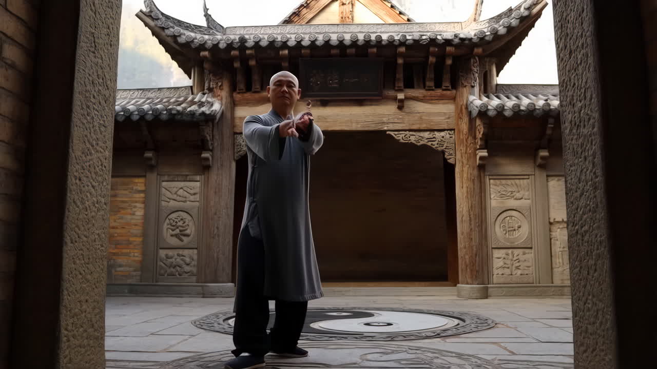 Man Practicing Tai Chi in a Traditional Chinese Temple Courtyard