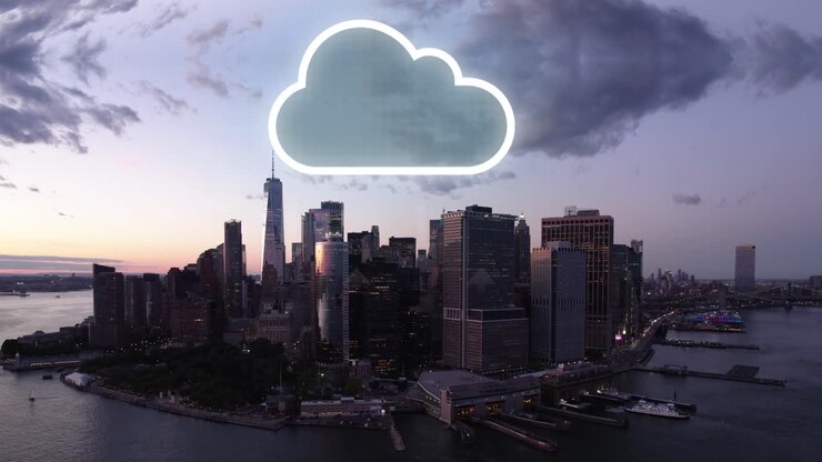 Data cloud on top of a the New York city skyline, during dusk - CGI render