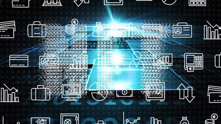 Animation af forretningsikoner over NFT-tekst og databehandling