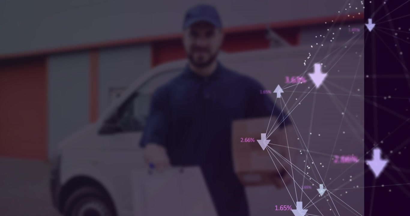 Animation of network of connections over caucasian male deliverer